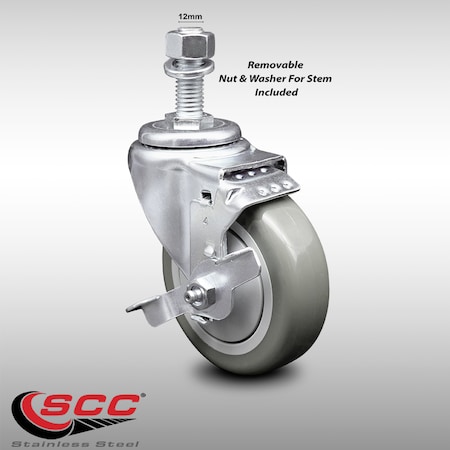 Service Caster 4 Inch SS Gray Polyurethane Swivel 12mm Threaded Stem Caster with Brake SCC SCC-SSTS20S414-PPUB-TLB-M1215